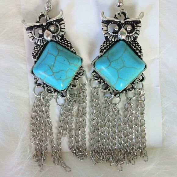 Turquoise and Silver Owl Earrings - Picture 3 of 4